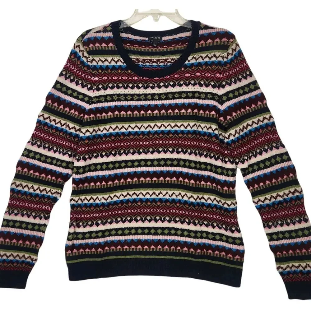 TALBOTS WOMENS WOOL SWEATER LG FAIR ISLE COTTAGE CORE DARK ACADEMIA GRANDPA CHIC